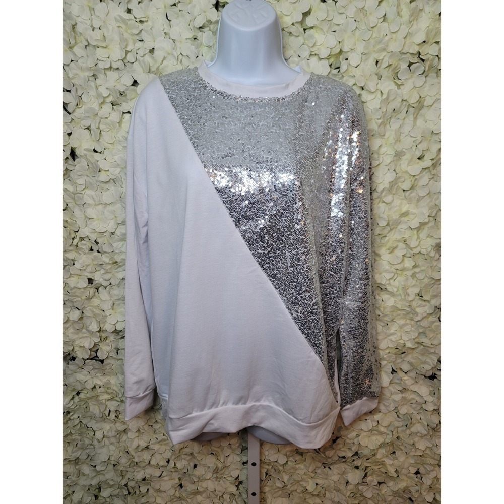 Zaful Sequin Color Block White Lightweight Sweatshirt LG, Trendy Long Sleeve